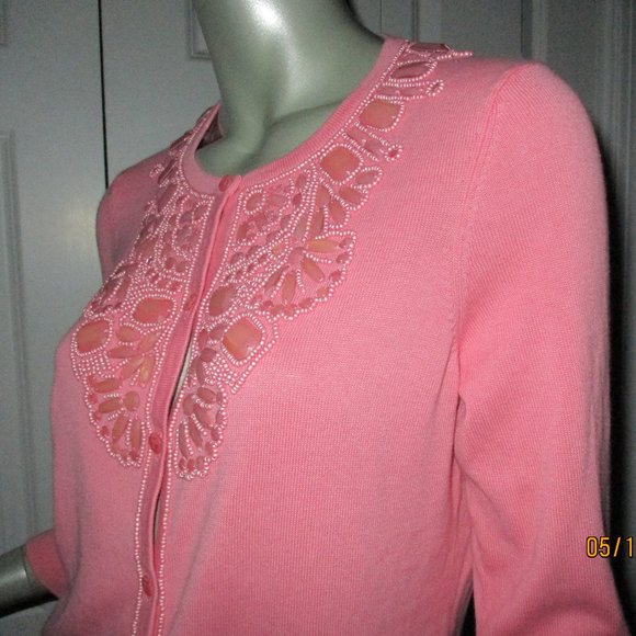 TALBOTS Coral Pink Beaded Cardigan Sweater Size Medium New - Picture 4 of 6